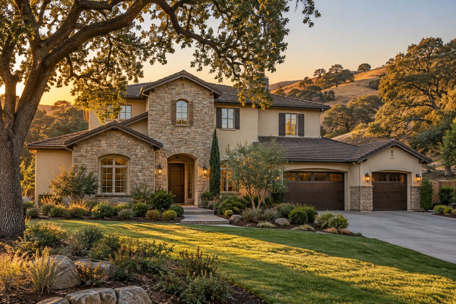 A Northern California home with oak trees on a quiet street, illustrative