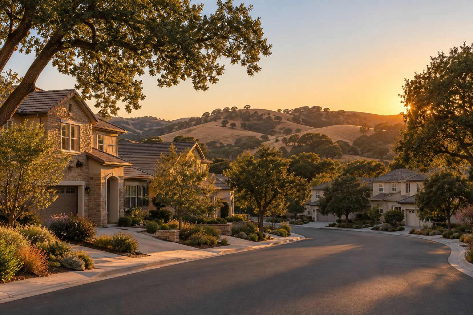 A El Dorado Hills residential street at sunset, illustrative