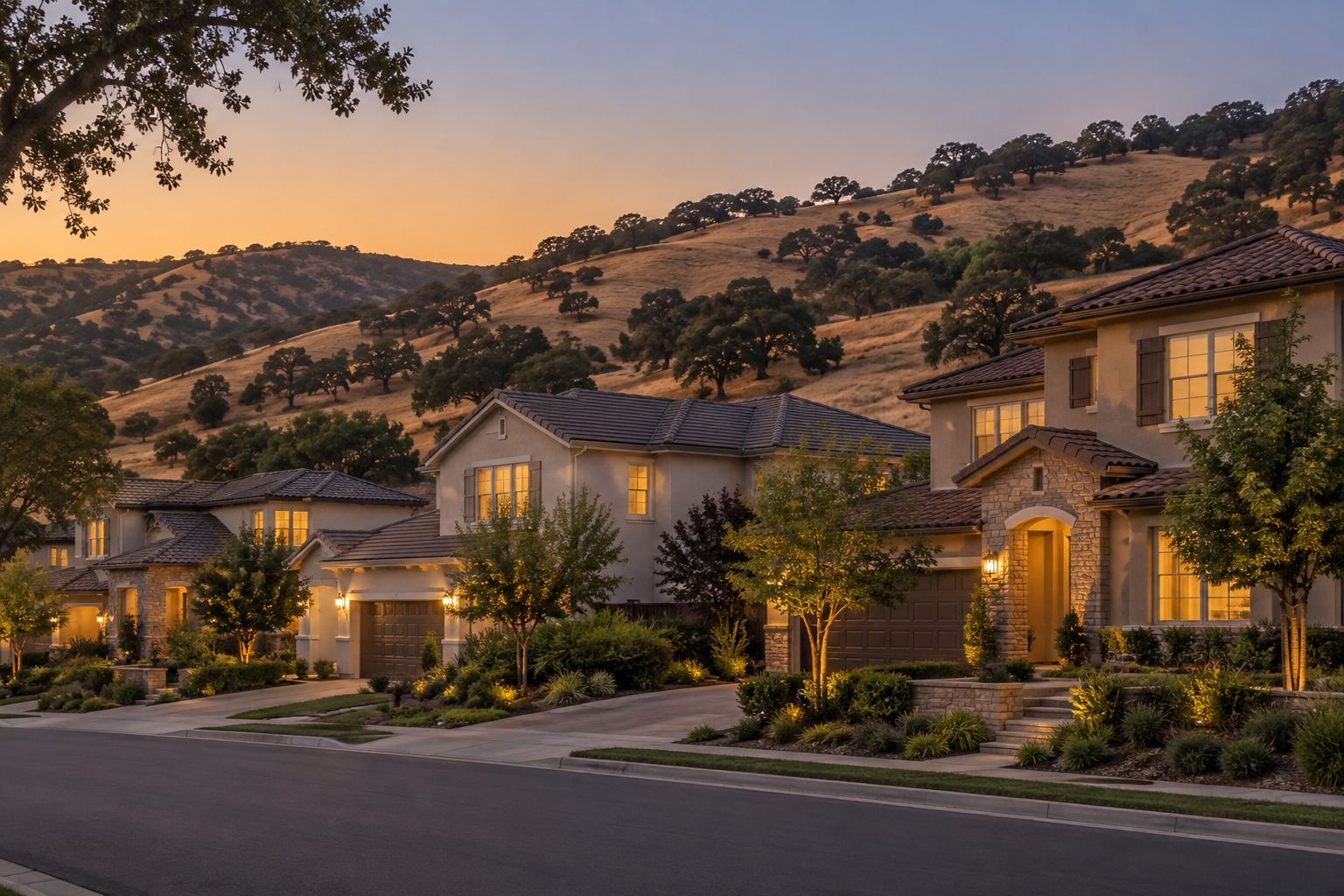 A Greater Sacramento home at dusk, illustrative