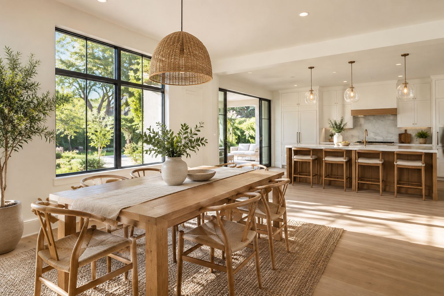 A bright dining room, illustrative